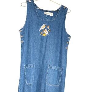Vintage National Wildlife Federation Denim Jumper Dress Birds Pockets Large